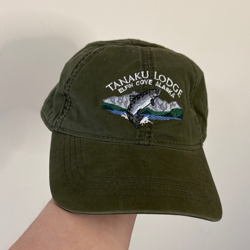 Tanaku Lodge Alaska Embroidered Fishing Hat Olive Cotton Outdoor Quirky Dad Cap